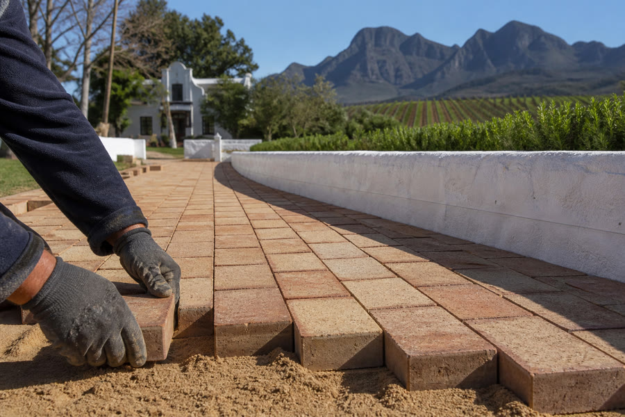 Sandstone brick walkway in stretcher bond beside a white Cape Dutch wall in Stellenbosch.