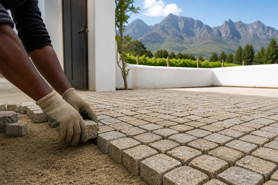 Small sandstone cube cobble setts being laid in a tight module at a Stellenbosch Cape Dutch courtyard, vineyards behind.