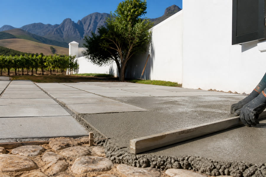 Light-grey concrete pavers being screeded beside sandstone cobbles at a Stellenbosch Cape Dutch property.