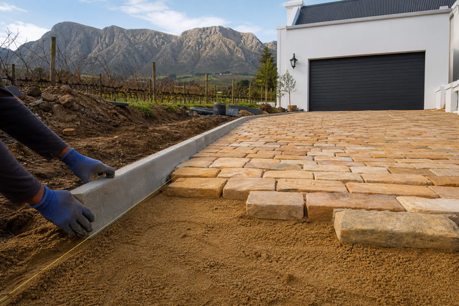 Sandstone cobbles being laid for a Stellenbosch vehicle driveway, kerb block and string line at the edge.