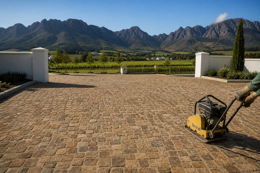 Sandstone cobble communal driveway being compacted at a Stellenbosch Cape Dutch wine estate entrance.