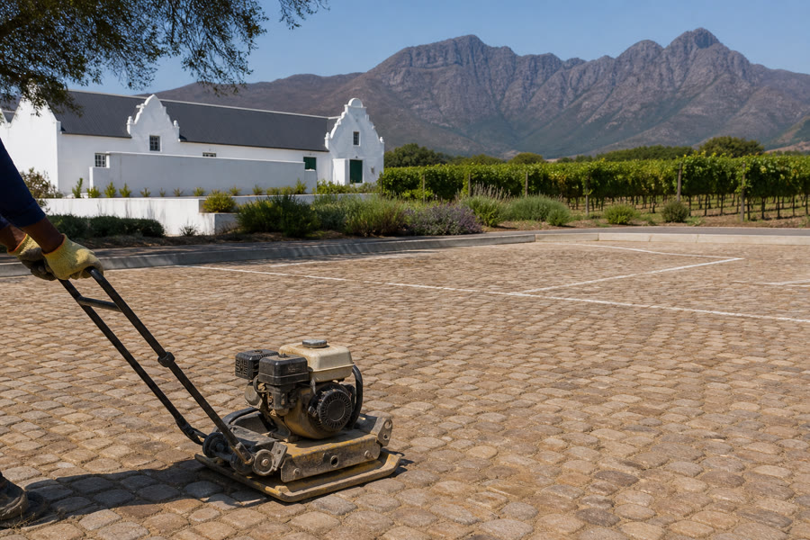 Sandstone cobble visitor parking field with bay lines being compacted at a Stellenbosch wine estate.
