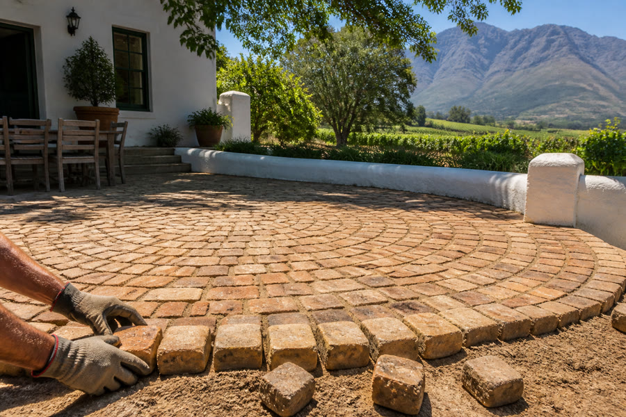 Sandstone cobbles being laid in a fan pattern for a Stellenbosch Cape Dutch courtyard patio.
