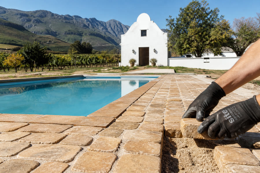 Sandstone cobbles being laid around a Stellenbosch Cape Dutch swimming pool, vineyards behind.