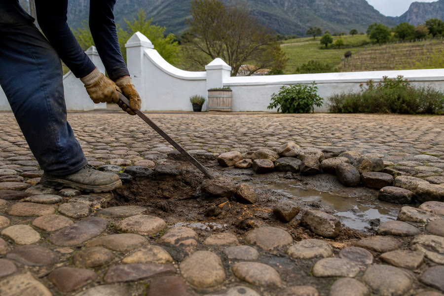 Pry bar lifting sunken sandstone cobbles from a puddled dip on a Stellenbosch driveway.