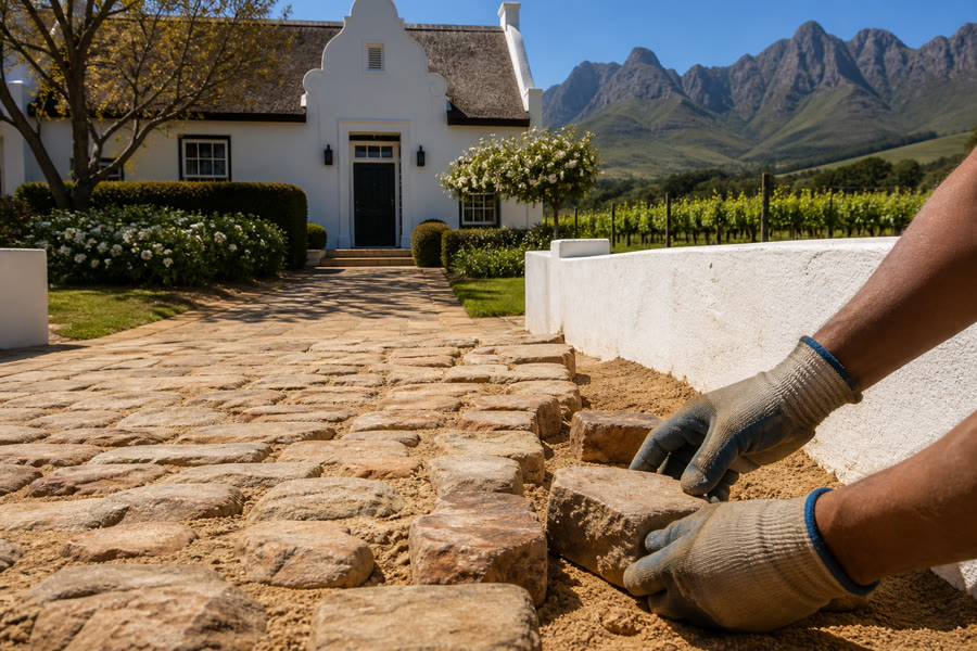 Sandstone cobbles being laid for a residential courtyard path at a Stellenbosch Cape Dutch home, vineyards behind.